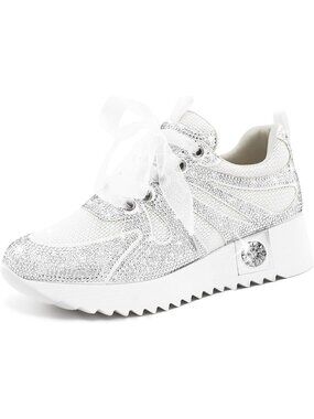 Women's White With Mesh Glitter Sparkly Rhinestone High Top Trendy Sneakers